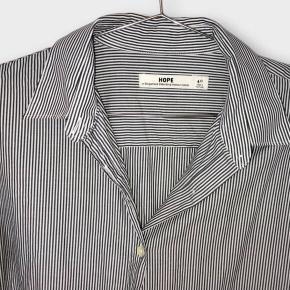 HOPE Womens Unravel Dress Sz 8 Navy Stripes‎ Button Front Collar Academia Casual - Picture 3 of 11